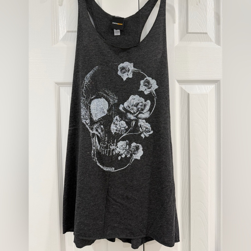 Metal Grey Tank Top with Skull and Floral Design